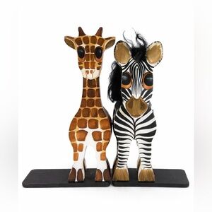 Decorative Giraffe & Zebra Wood Bookends Briar Patch 1990 USA Hand Painted